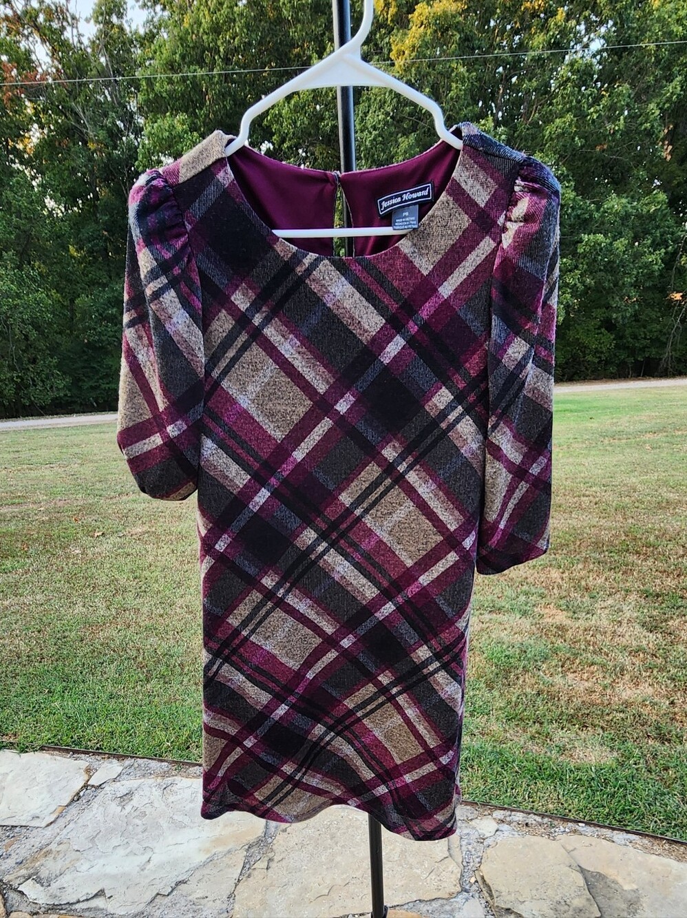 Jessica Howard Plaid Puff Sleeve Knit Shift Dress Burgundy Tan Size Petite Small